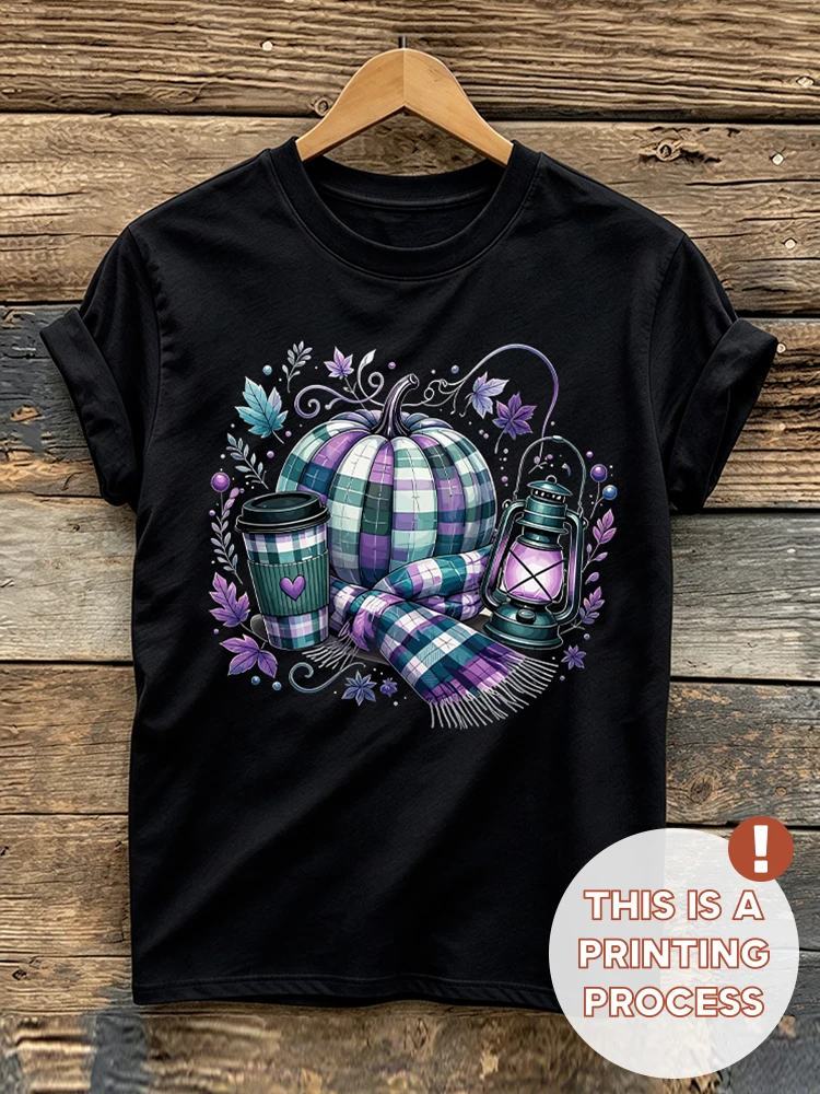 Round Neck Short Sleeve T Shirt Autumn Plaid Pumpkin Lantern Graphic Print Loose Soft All Season Casual Tops Plus Size Local Warehouse Fast Shipping