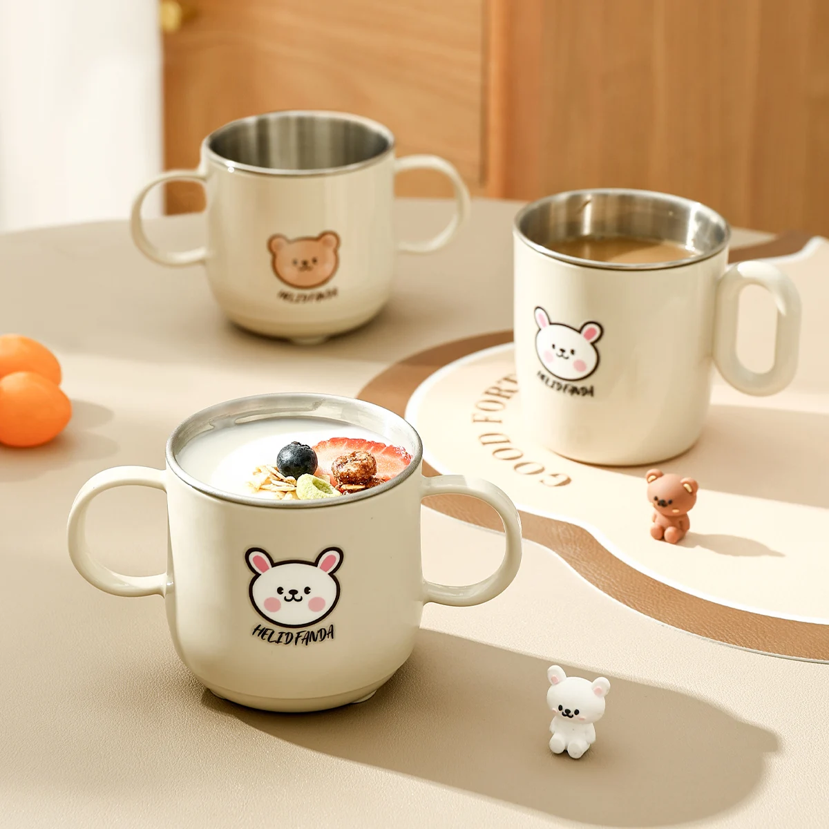 WORTHBUY New 304 Stainless Steel Water Cup Mug With Handle Cute Double Wall Milk Coffee Cup Anti Scalding Drinking Cup For Kids