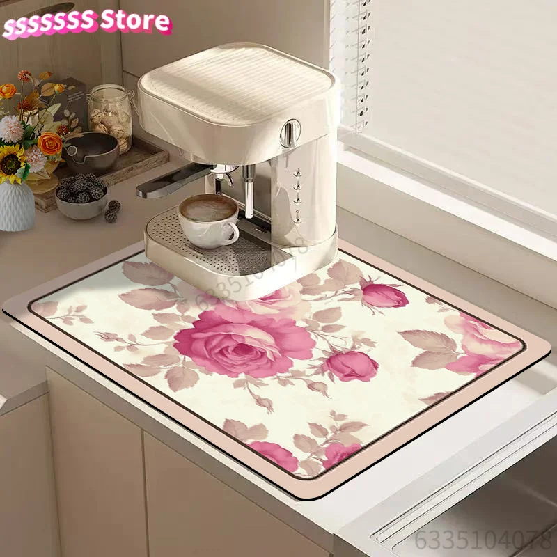 Dish Drying Mat, Rose Pattern Drain Mat, Floral Drying Mat, Simple High-End Printed Drip Drying Mat, Coffee Machine Mat, Kitchen