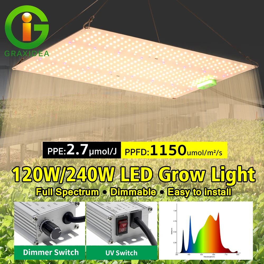 Lampada per Coltivazione a Spettro Completo Dimmerabile 120W 240W LED con Interruttore UV Indipendente per Serra Interna, Vegetazione, Fioritura e Germinazione