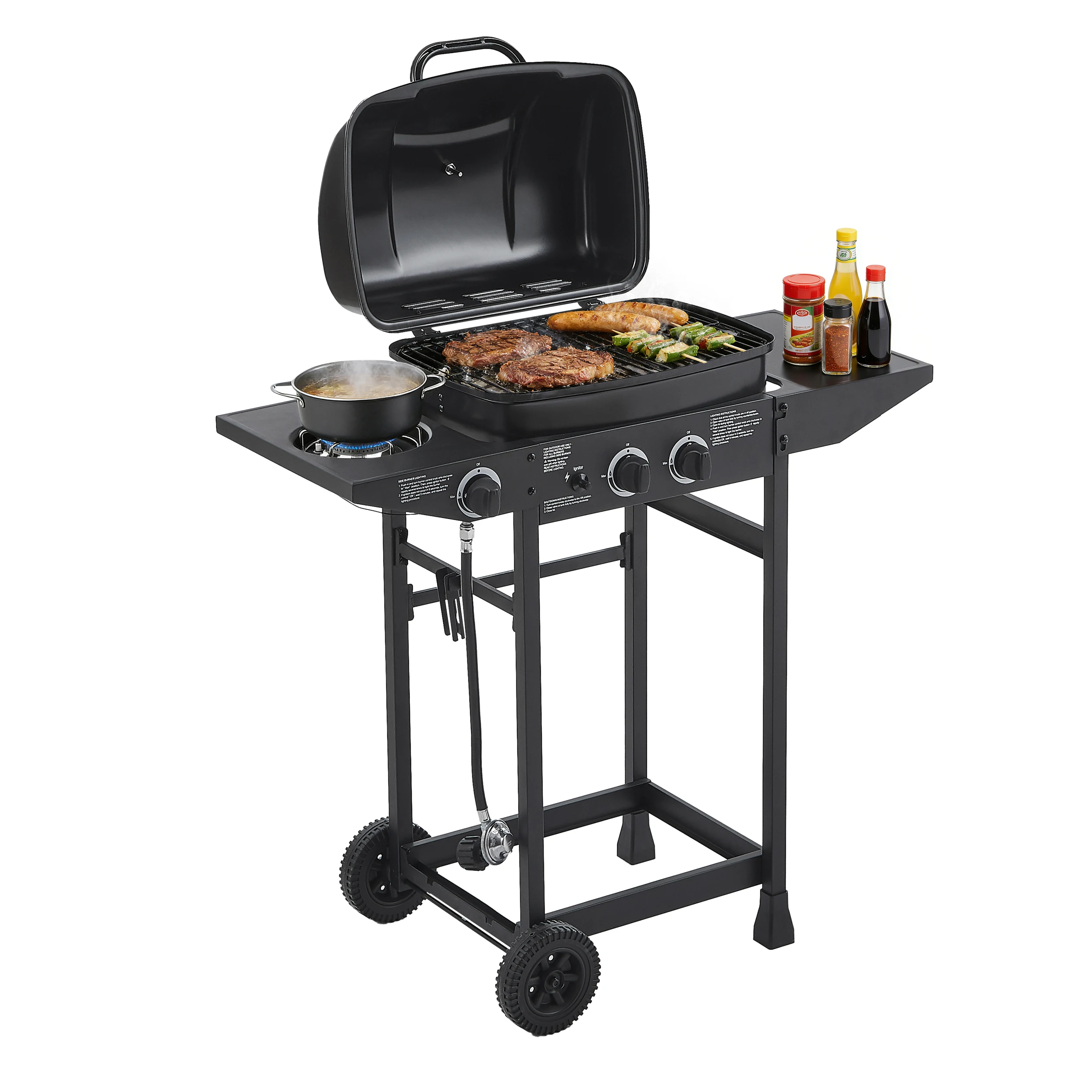 Parrilla de Gas Propano para Barbacoa de 2 Quemadores, 24000 BTU, Parrilla de Acero Inoxidable con Quemador Lateral