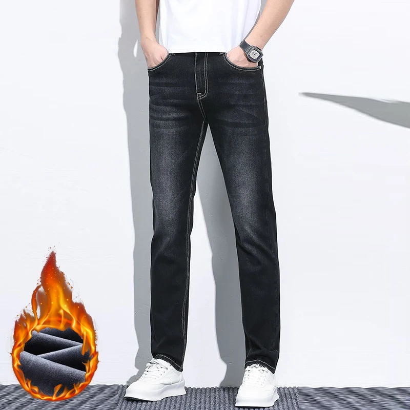 

Мужские модные зимние теплые плюшевые флисовые джинсы, мужские прямые эластичные джинсовые брюки, зимние повседневные термостойкие удобные облегающие брюки