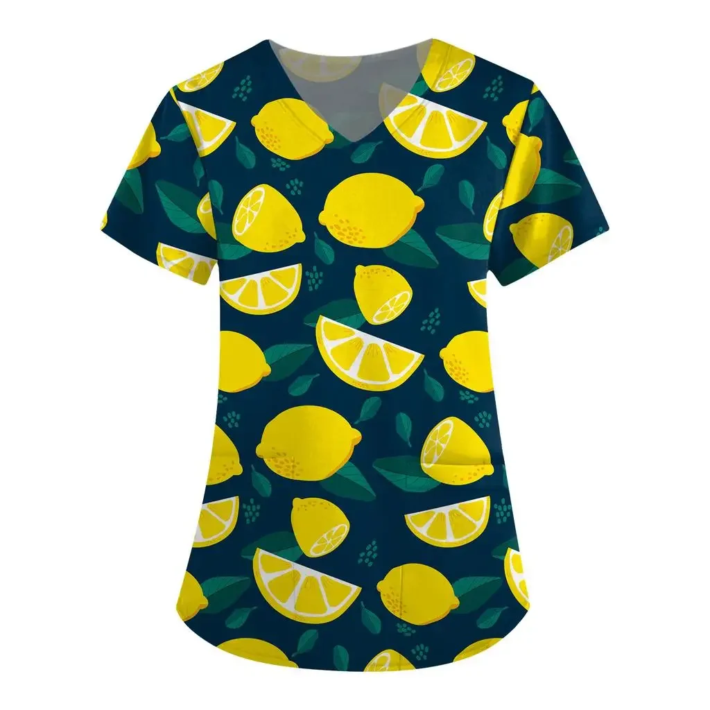 المرأة تي شيرت الفاكهة نمط بلوزات على شكل v جيوب العمل موحدة ممرضة البرتقال ارتداء طباعة فام بلوزة الزي الطبي قمصان #1