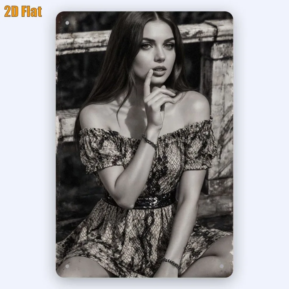 Retro Black White Metal Wall Art Sign, Snake Skin Dress Woman Sitting on Fence, Home Bar Cafe Man Cave Christmas Decoration Gift