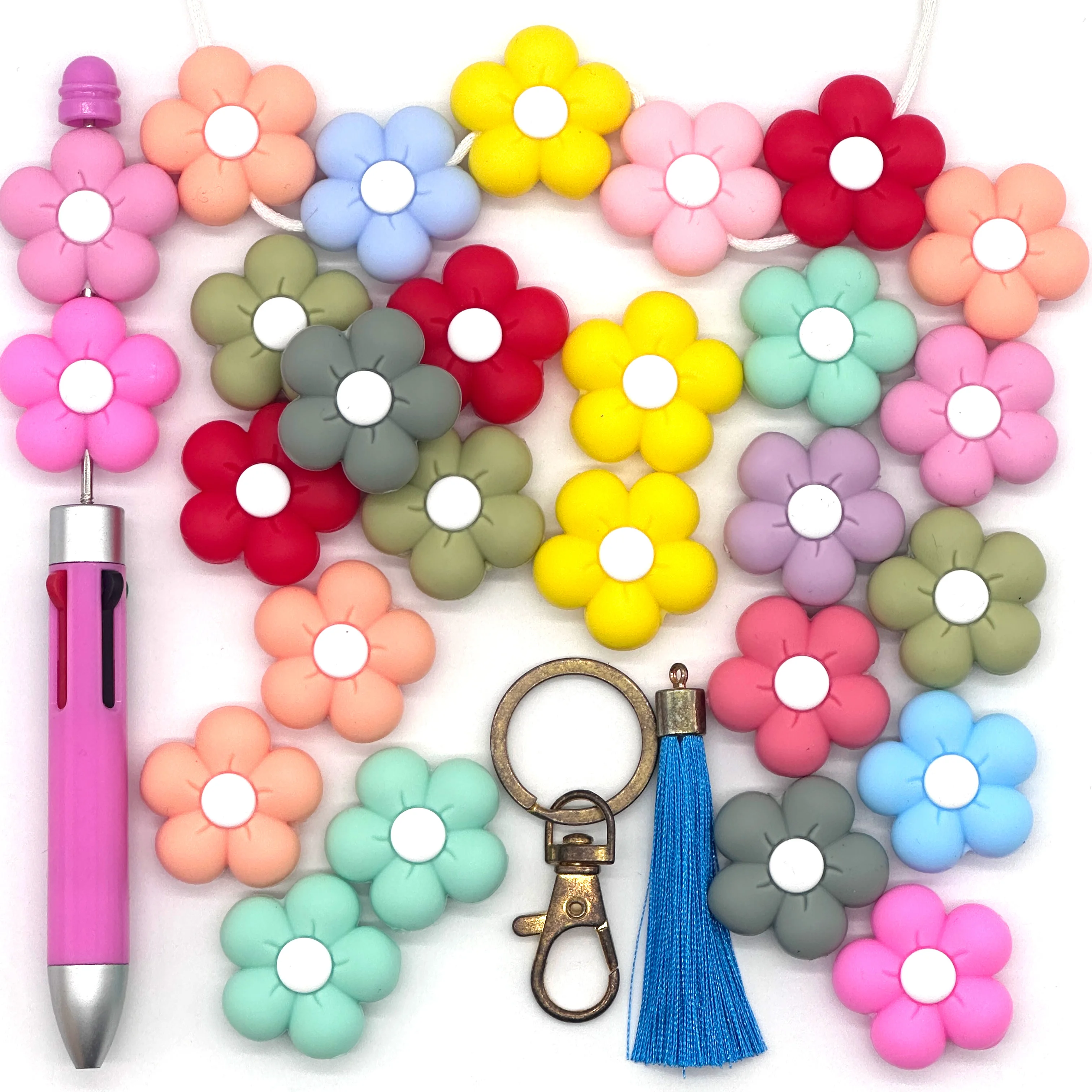 9pcs  Flower Series Silicone Focal Beads  DIY  Necklaces Plastic Bead String for Keychains Car Decoration Chains Bag  chains