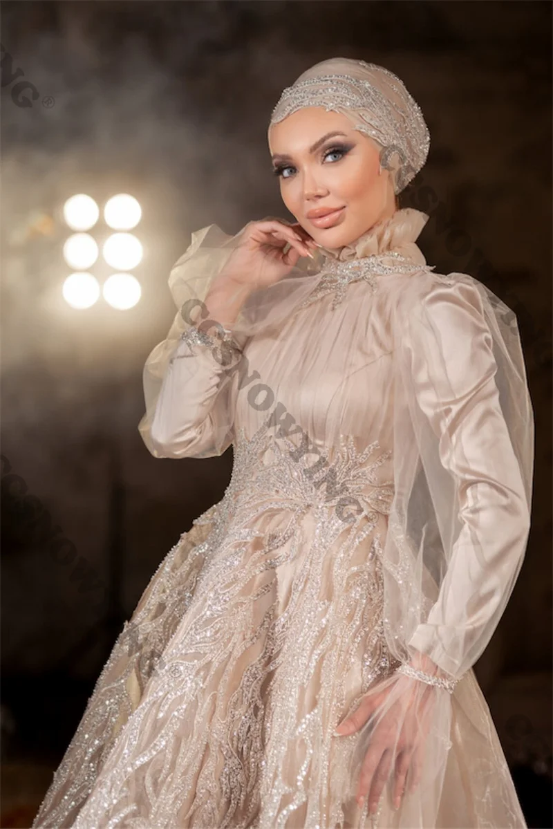 Champagne Lange Mouwen Moslim Avondjurken Islamitische Organza Applicaties Hijab Formele Party Gown Saudi Arabië Robe De Soiree