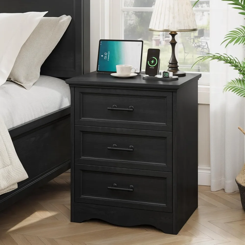 

Bedside Table with Charging Station, Farmhouse-style Side Table with 3 Drawers for Storage, Wooden Bedside Table