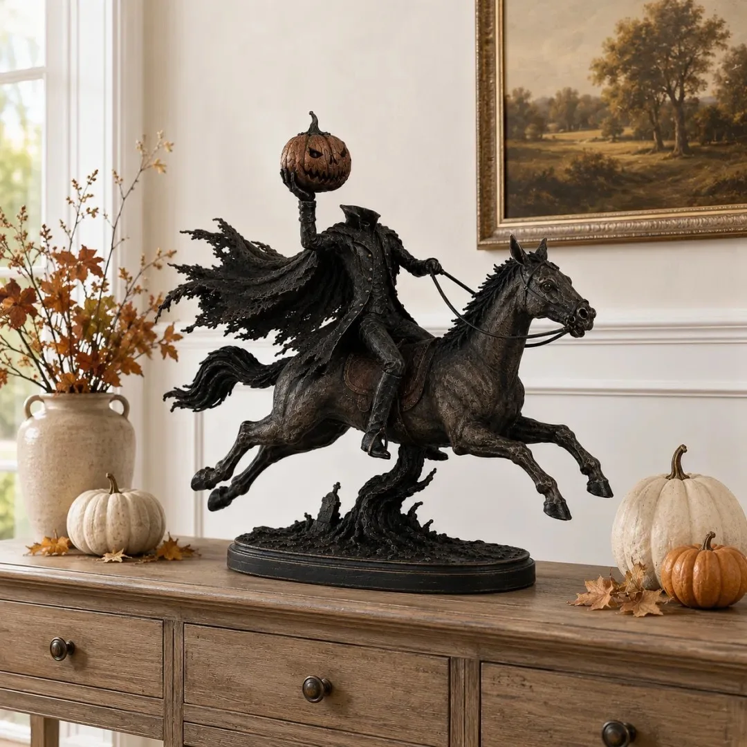 Halloween Headless Horseman Resin Statue Pumpkin Rider Figurine Gothic Tabletop Ornament for Home Party Decor