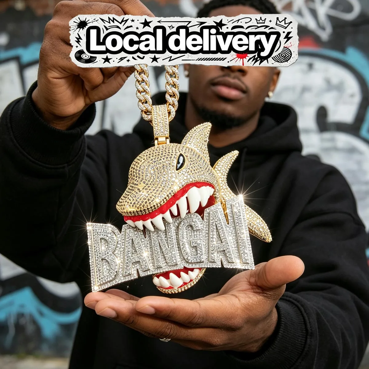 Colgante de cabeza de tiburón con diamantes brillantes y letras, adorno de estilo urbano, regalo perfecto para fiestas, conciertos o uso diario, joya de lujo y moda con un toque brillante, colgante de tiburón 3D con diamantes, collar con baño de oro de 18 quilates, joyería hip hop con circonitas cúbicas, accesorio para hombre, cadena cubana para rapero.
