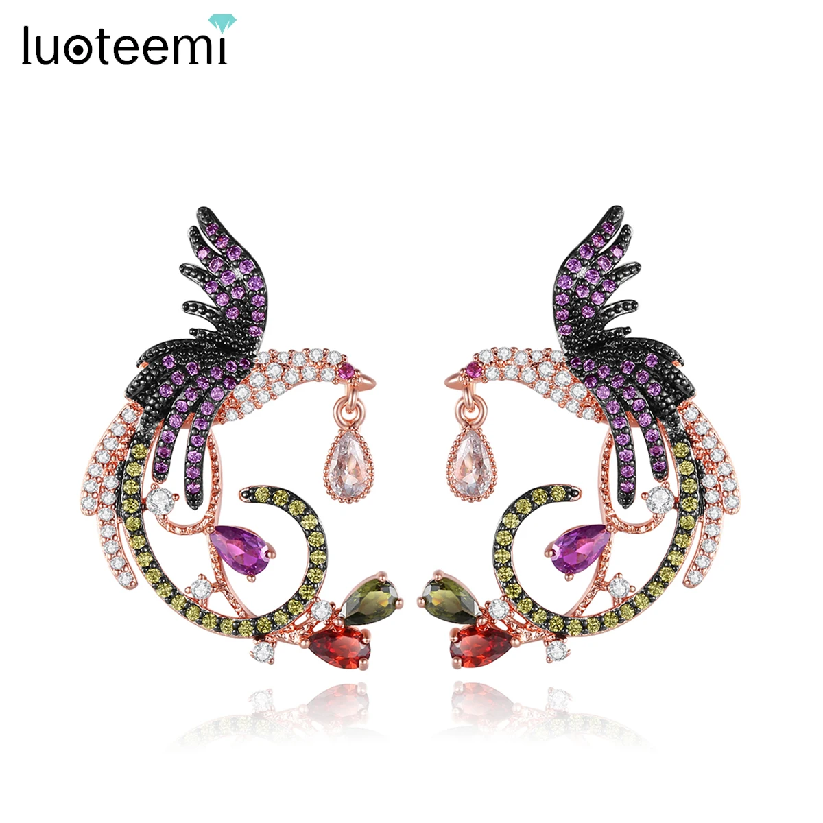 LUOTEEMI Vintage Unique Colorful Rainbow Jewelry CZ Phoenix Stud Earrings for Women Animal Bird pendientes for Bridal Wedding