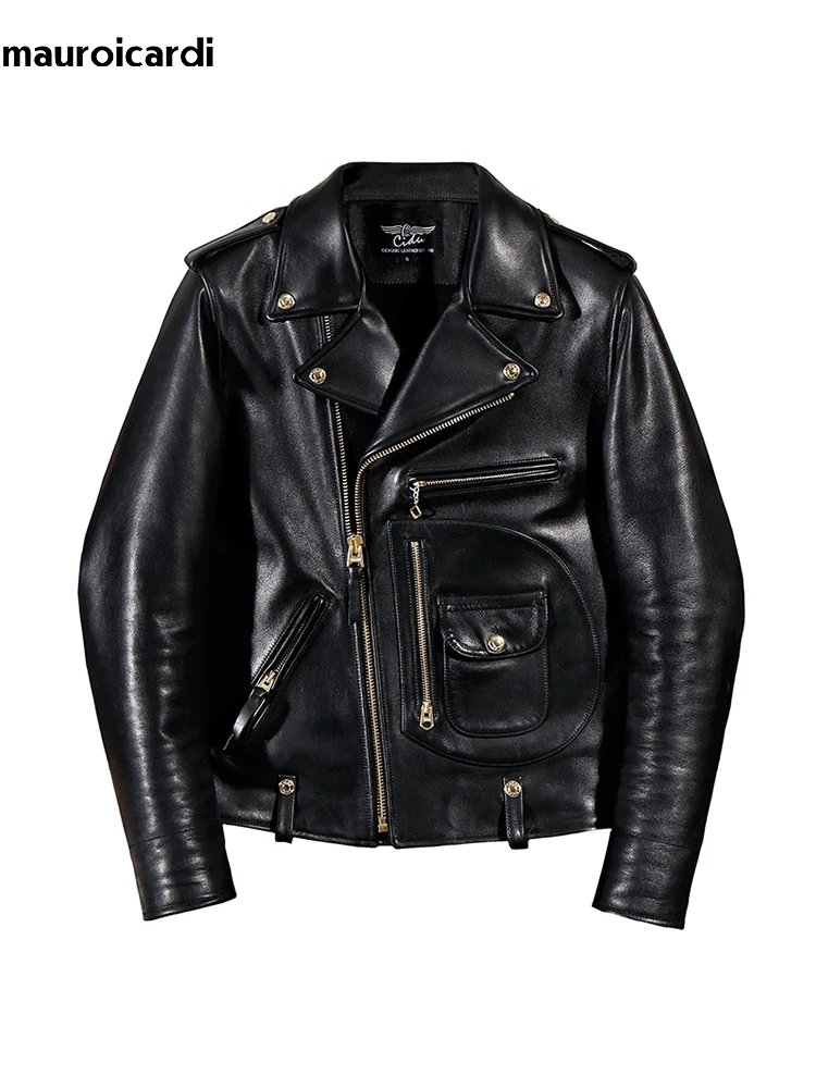 Mauroicardi Autumn Cool Handsome Short Black Hard Pu Leather Biker Moto Jacket Men Luxury Designer American Retro Clothing 2024