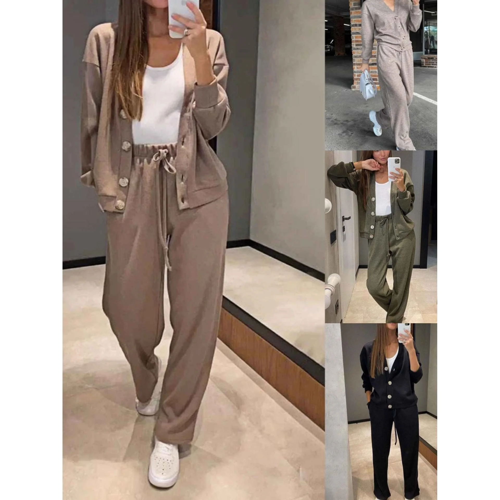 Autumn Winter New Style Casual Sport Set Open Cardigan Top Women's Fashion Set Long Sleeve British Style Pure Color Long Pants