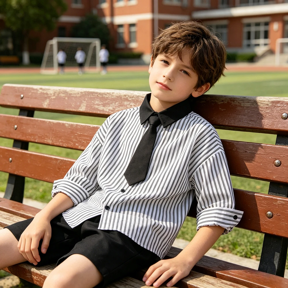

Teen Boy Striped Button Shirt Casual Formal Top for Kids School Daily Spring Fall Preppy Stylish Classic Shirts Children Clothes