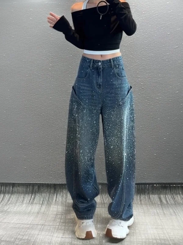 

Модные женские джинсы со звездами и стразами, свободные прямые широкие брюки с высокой талией, повседневные брюки с несколькими карманами на талии...