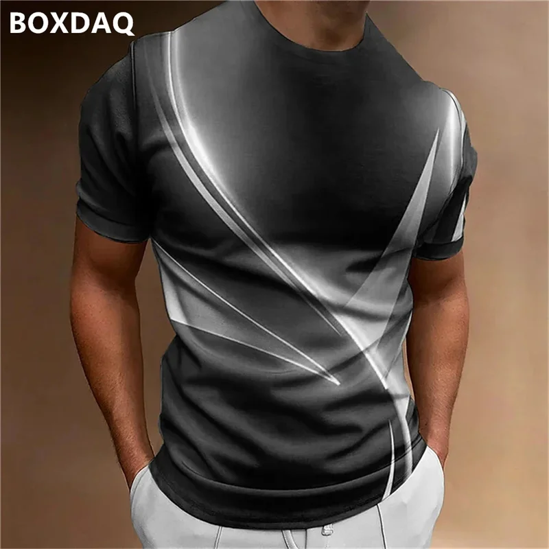 Men's Fashion T-Shirts Short Sleeve Curved Radiance Printing Trend Male T Shirt High Quality O-Neck Vacation Casual Fitness Tops