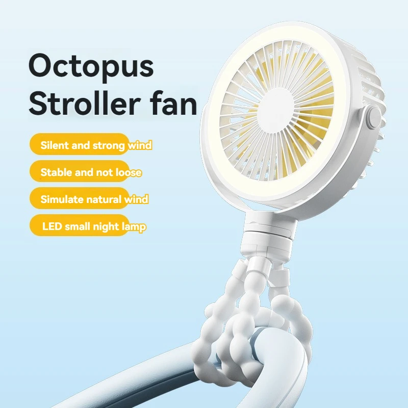 2024 New Desk Stand Fan USB Adjustable Angle Outdoor Stroller Octopus Nightlight fan