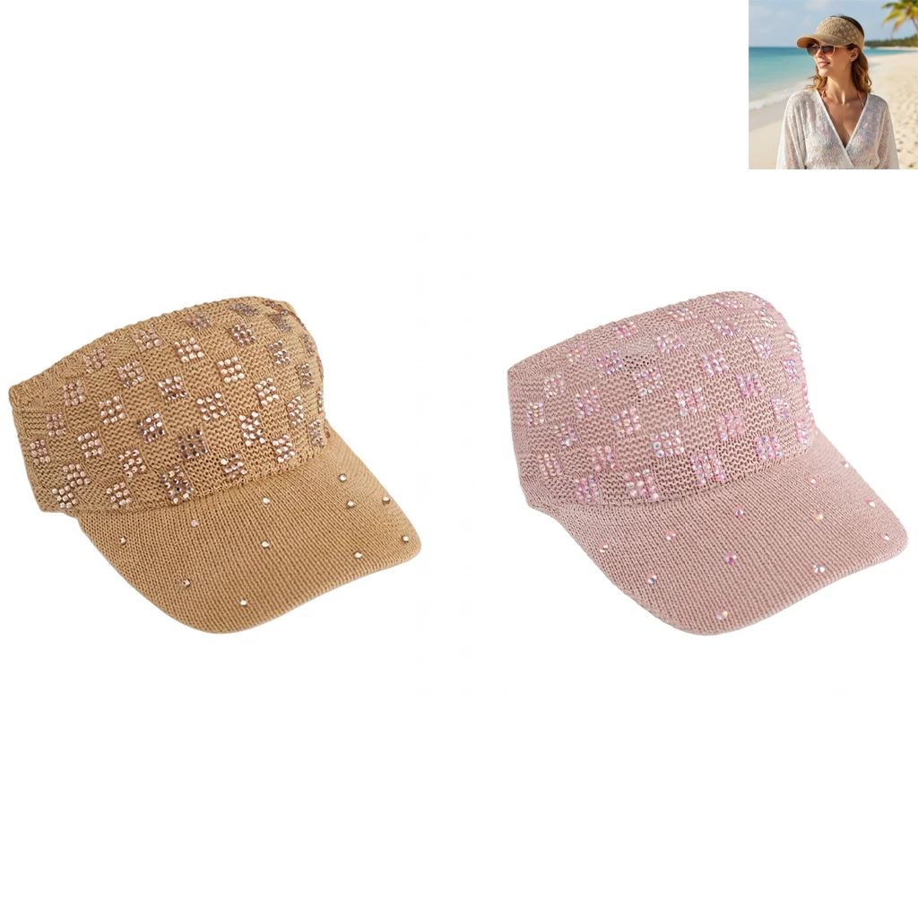 Women Summer Rhinestone Check Sun Hat Adjustable Fashion