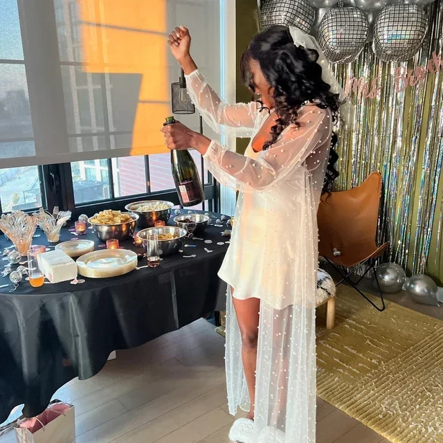 Pearl Long Sleeve Wedding Jacket Tulle Party Shawl BOLERO Floor-Length Bridal Cape Sexy pearl robe Customized