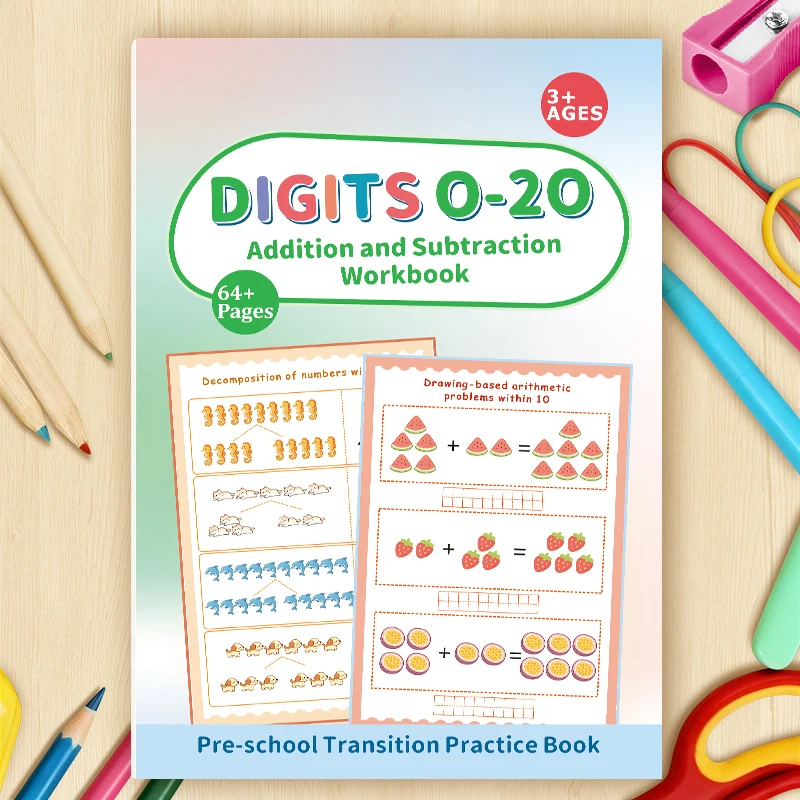 Kids Math Practice Workbook Within 0-20, Addition Subtraction Drawing-Based Arithmetic Exercises, 64 Pages Number Learning Book