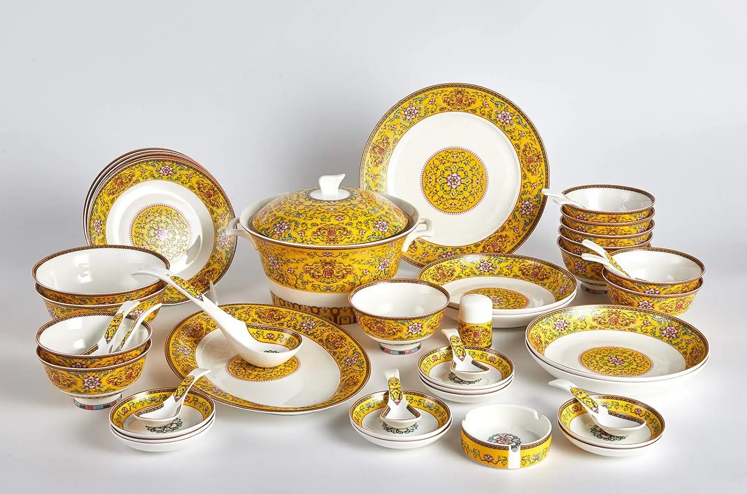 Fine Bone China, 48-Pieces Banquet Dinnerware Set Enamel Yellow