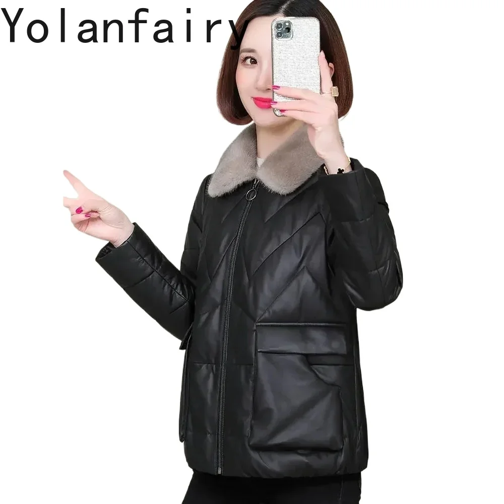 

YOLANFAIRY, пуховое пальто из натуральной овчины, женская куртка, зима 202, женская куртка с норковым воротником, модные топы из натуральной кожи с мехом