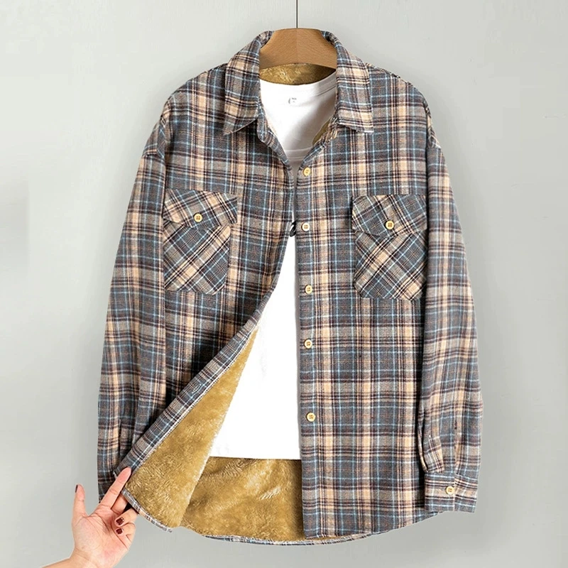 Invierno más terciopelo grueso cálido camisa a cuadros abrigo mujer Harajuku manga larga Casual blusa a cuadros nueva lana térmica mujer prendas de vestir