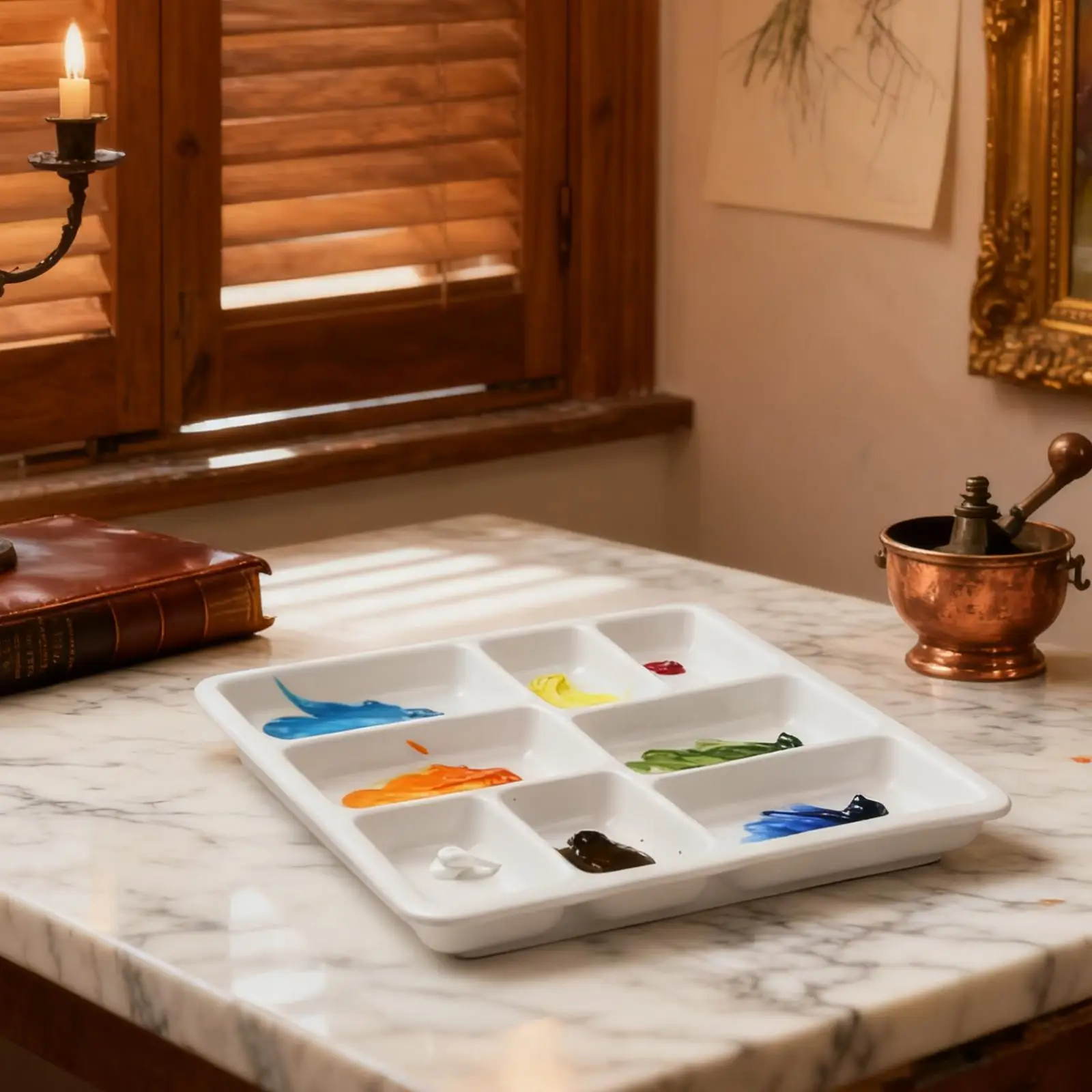 White Ceramic Watercolor Mixing Tray Square Palette with 8 Wells for Professional Gouache Oil Blending