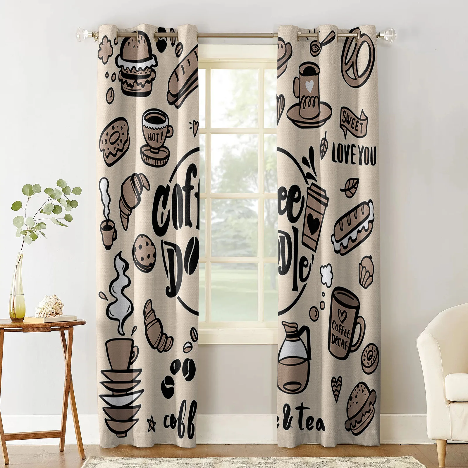 Brown Coffee Beans Bread Burgers Hearts Window Curtain Made Finished Drapes Home Decor Kids Room Window Treatments Curtains