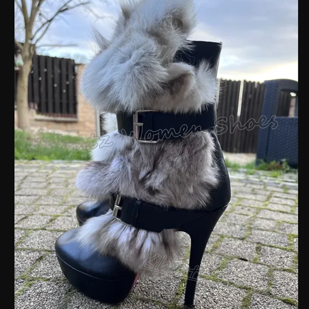 

Furry Ankle Boots Warm Platform Belt Buckle Round Toe Thin High Heels Fashion Luxury Spicy Girls Shoes Comfortable Sexy Elegant