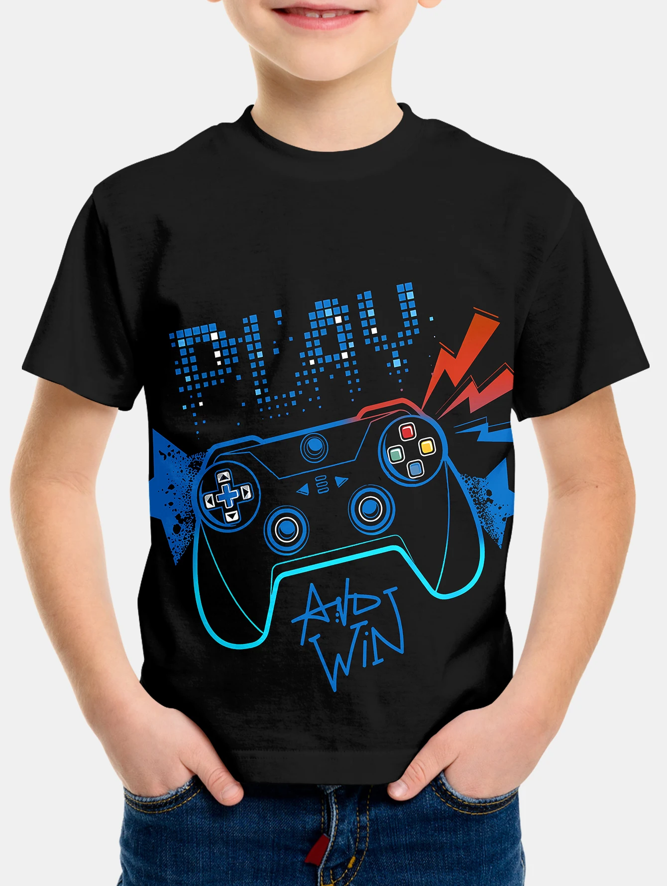 Camiseta infantil com estampa gamepad legal, blusa confortável de manga curta para meninos, streetwear perfeito com o pescoço, casual divertido de verão