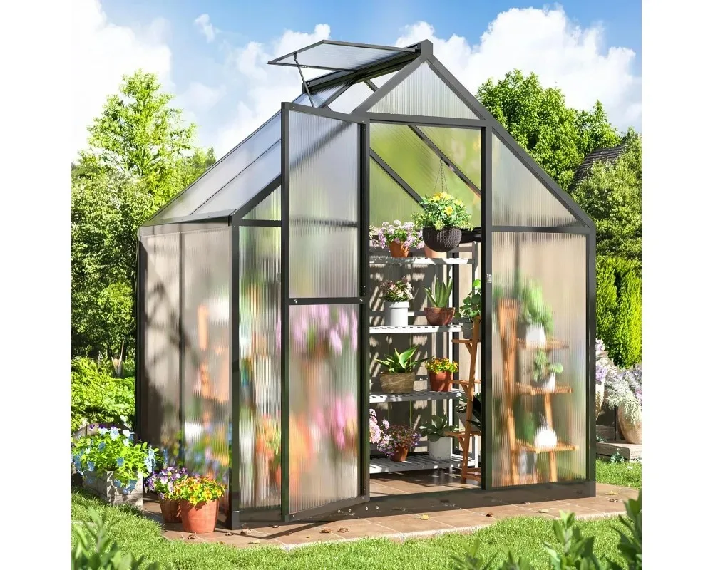 دفيئة خارجية مقاس 4 × 6 أقدام مع فتحة سقف، هيكل بولي كربونات سريع الإعداد للفناء الخلفي للحديقة، أسود