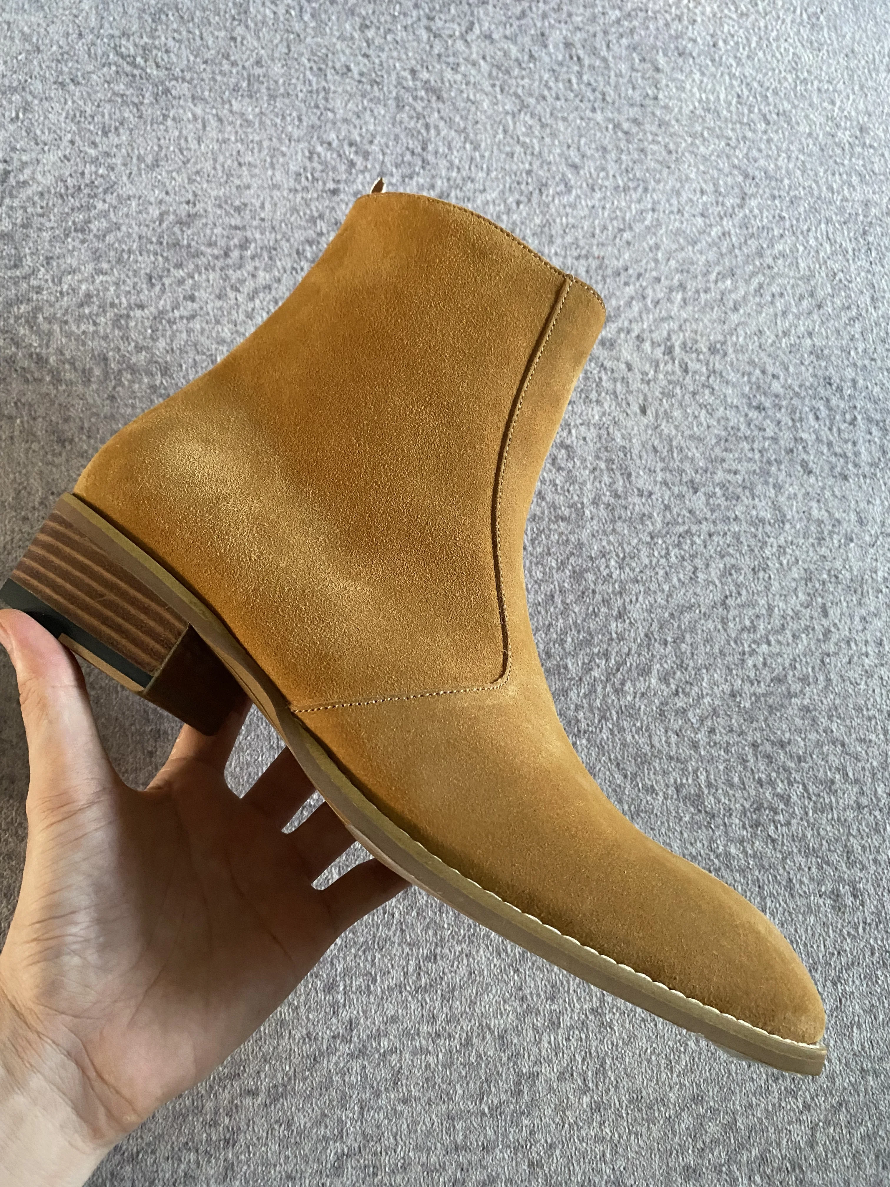 Bottes Chelsea en daim pour hommes, faites à la main, talon compensé de 4cm, fermeture éclair, coupe cintrée, qualité