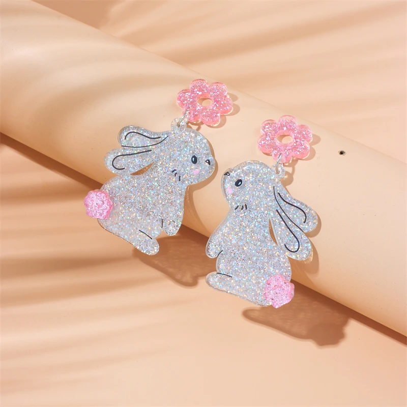 MEYRROYU Acrylic Sparkling Flower Rabbit Earrings For Women Easter Animal Pendant Jewelry New Party Street Reunion Gifts