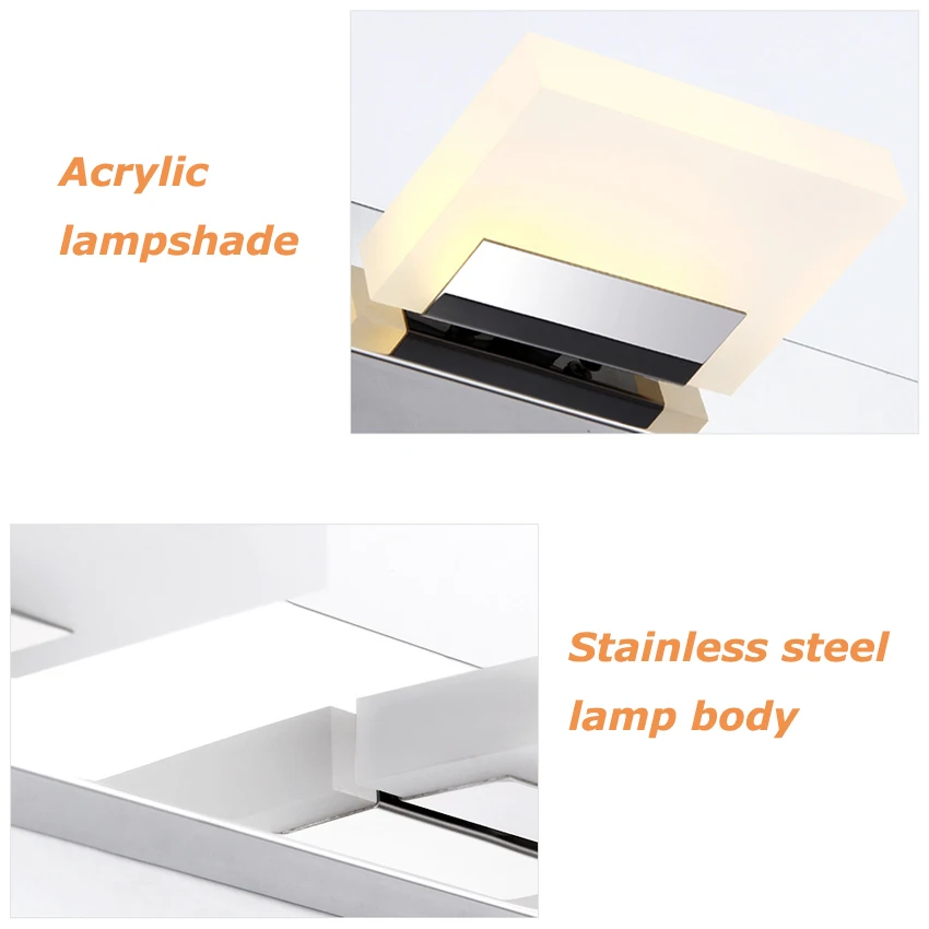 Modern Acrylic LED Vanity Light for Bathroom and Dressing Room with Stainless Steel Body and Rotatable Mirror Front Lighting
