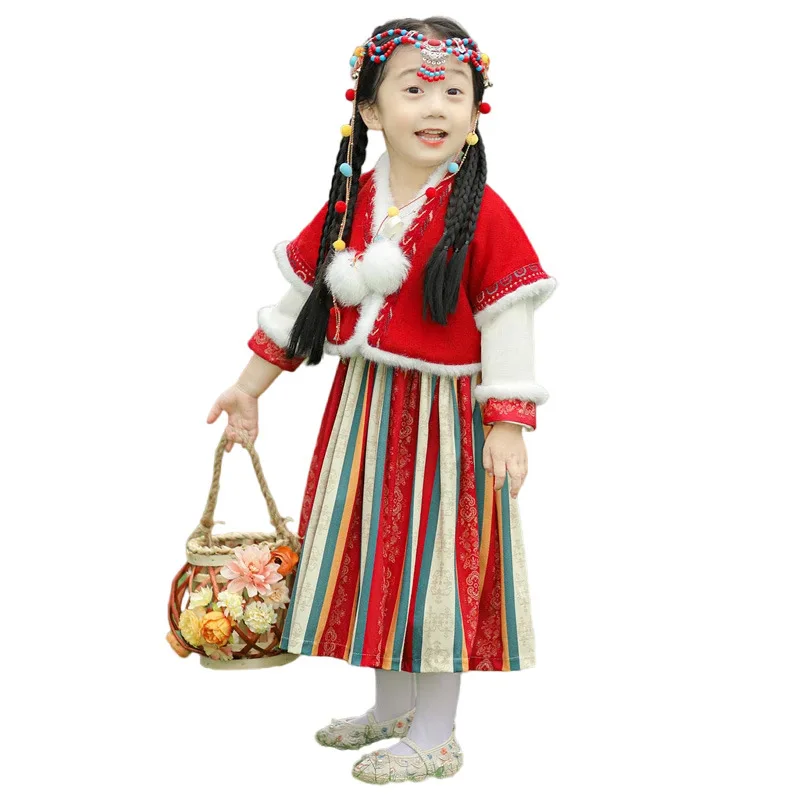 2023 Winter New Warm Girls Dresses Chinese Hanfu Children Suit Princess Kids Elegant Cute Party Costume Chinese New Year Clothes