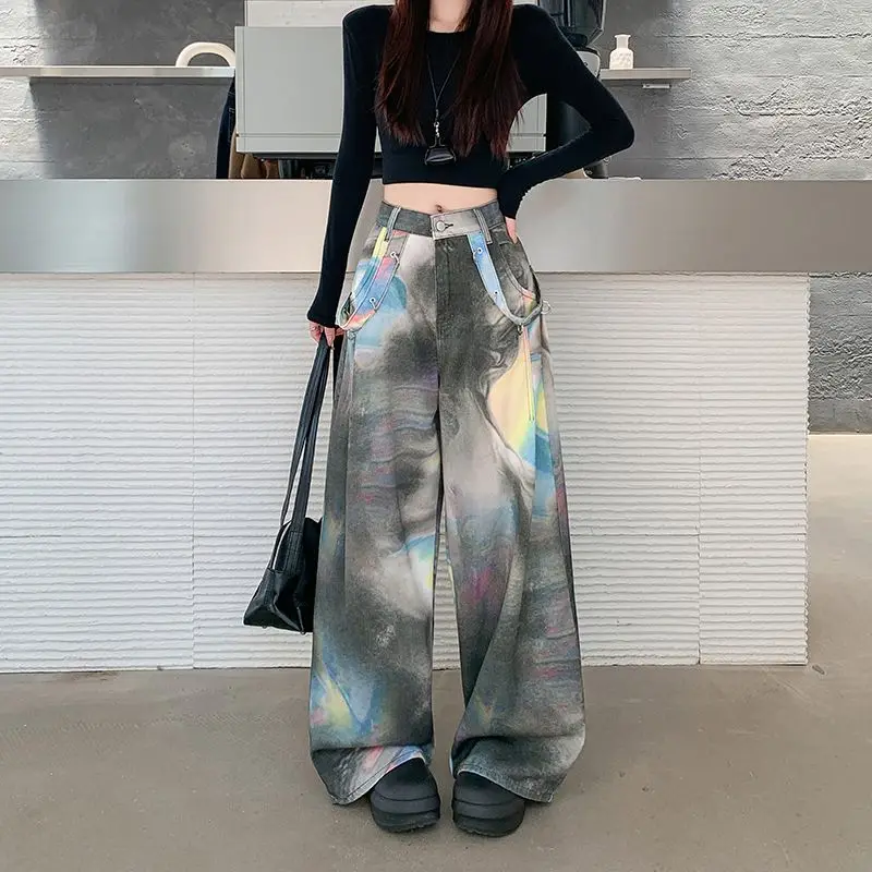 

Retro American Color Gradient High Waist Straight Leg Jeans Women's Spring Summer Loose Fit Slimming Wide Leg Long Pants