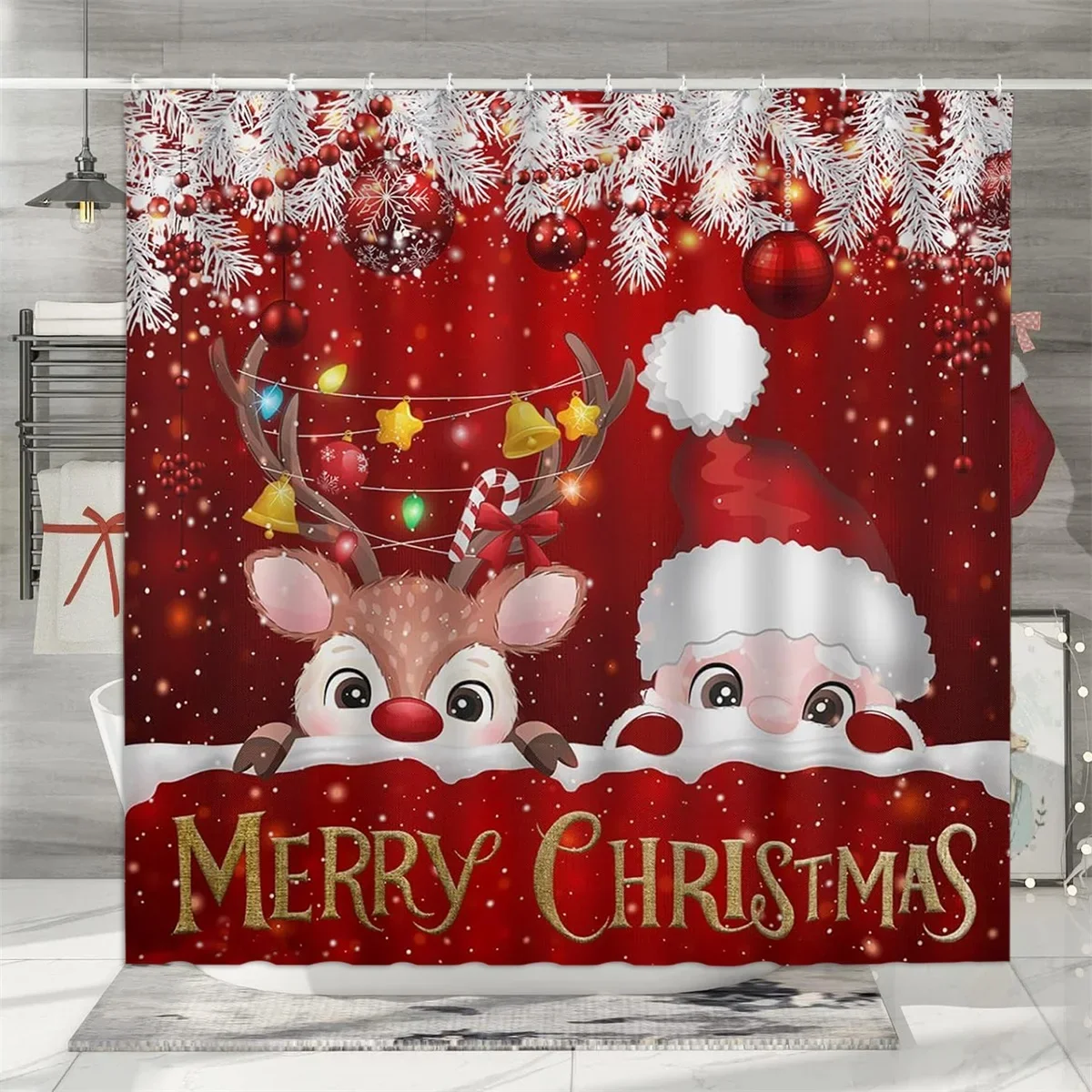 Christmas Shower Curtain, Winter Holiday Farm Snowman Santa Claus Christmas Tree Farmhouse Christmas Balls Bathroom Decorations