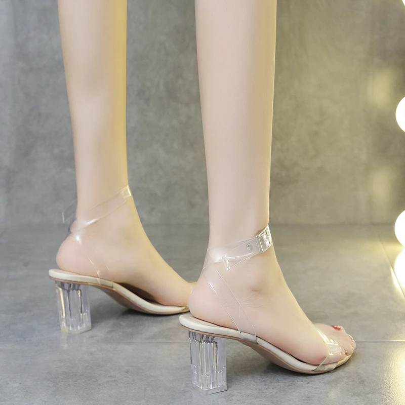 Summer PVC Sandals Women Jelly Crystal High Heels Women Transparent Heel Sandals Buckle Open Toed Pumps Women Shoes Big Size 42