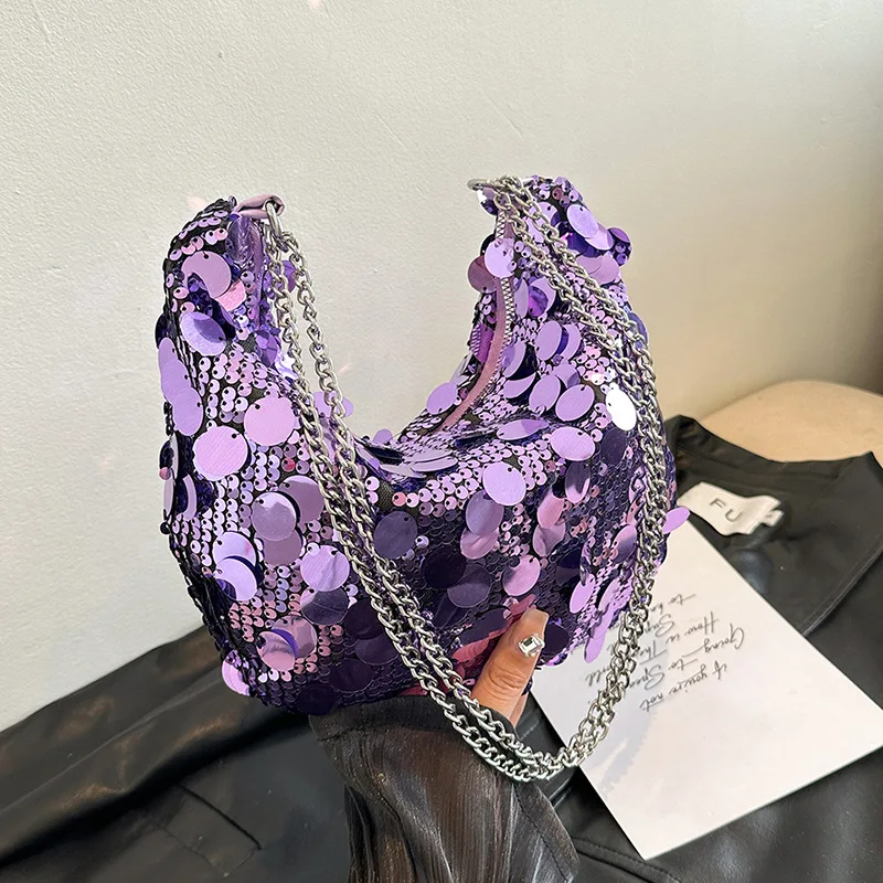 حقيبة كتف زلابية سعة كبيرة على شكل نصف قمر حقيبة كروس ترتر حقيبة يد بسلسلة على شكل نصف قمر لحفلات العشاء