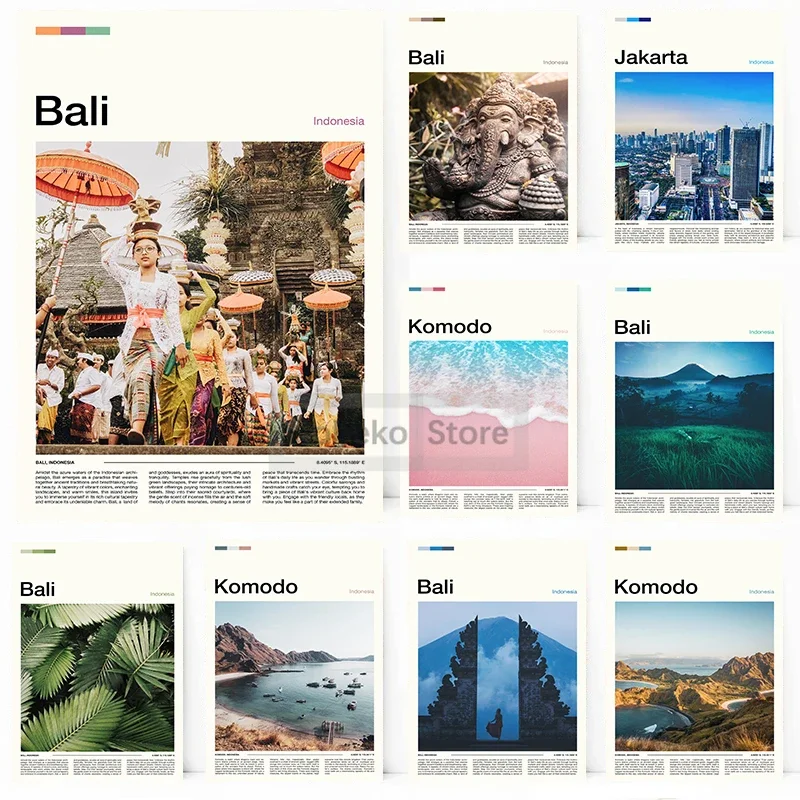 Carteles de viaje de Asia, impresiones de paisajes de ciudades, imágenes de pared en lienzo, decoración del hogar, Bali, ymouth, Komodo, Raja, Ampat