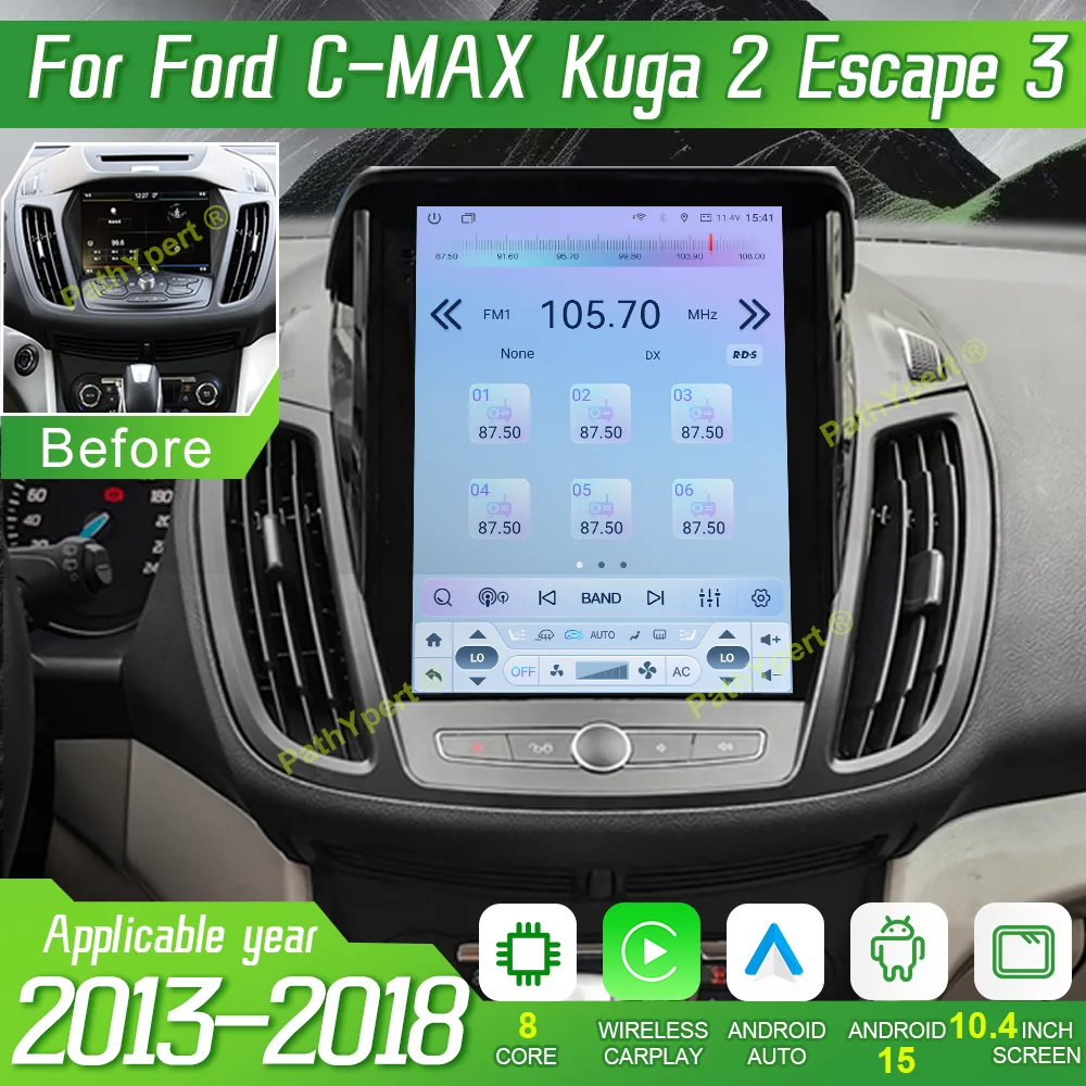 

10.4" Tesla Screen Android 15 For Ford C-MAX Kuga 2 Escape 3 2013-2018 Multimedia Player Car Radio Stereo GPS Carplay Head Unit
