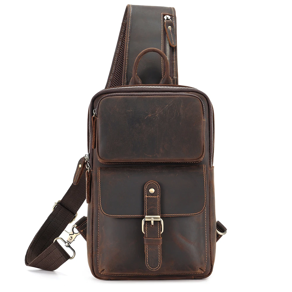 Men's Top Layer Cowhide Genuine Leather Shoulder Bag Waterproof Crossbody Bag Travel Sling Messenger Pack Chest Bag for Male