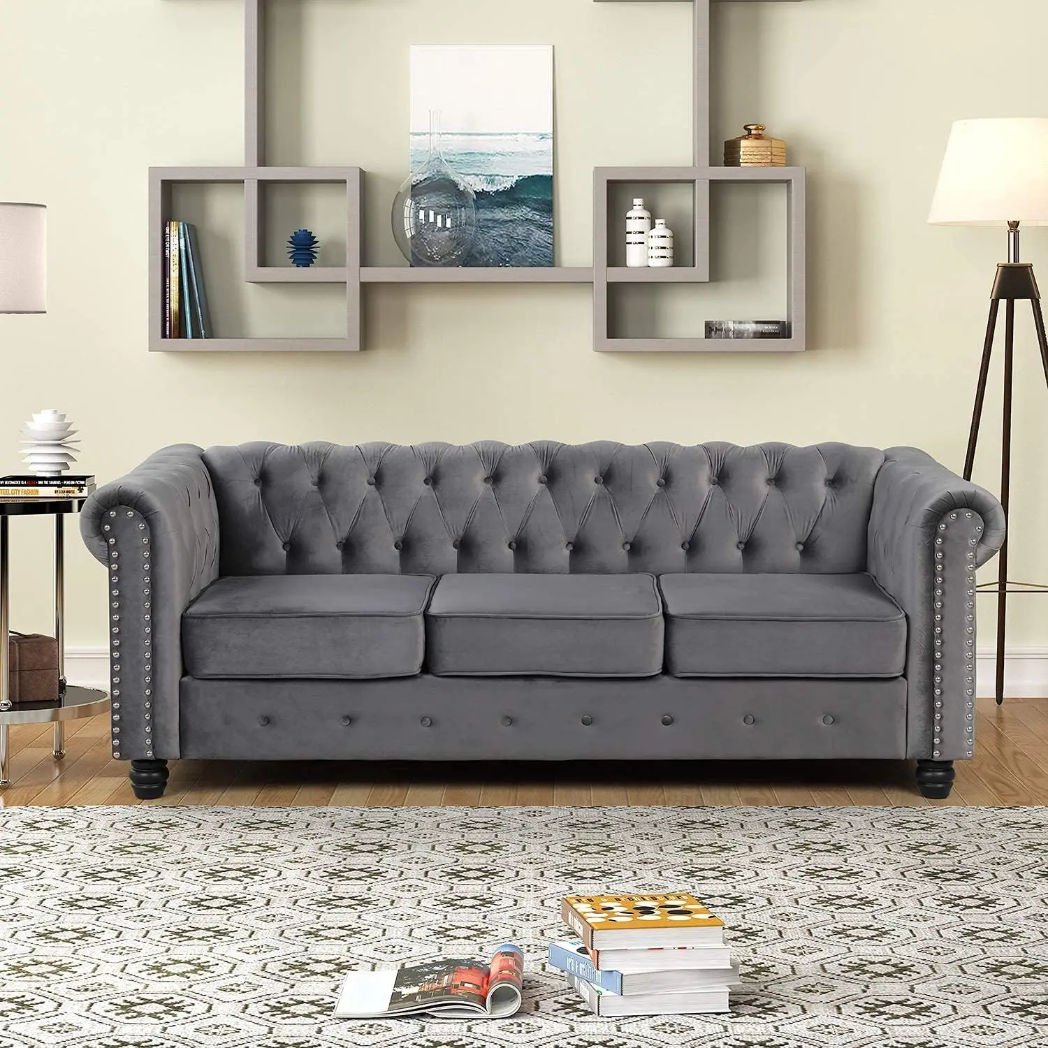 

No Sagging Couch Sofa, Couches for Living Room 24'' Deep Seat Sofas Couches Pet-Friendly Velvet Chesterfield Sofas, Grey