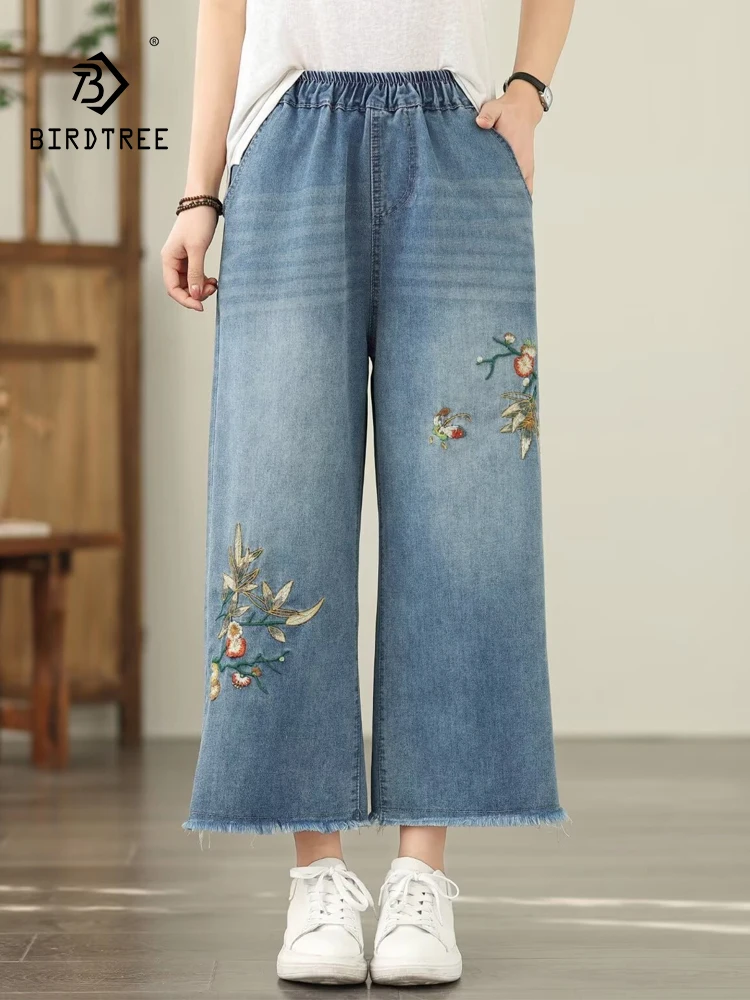 

New 2025 Summer Denim Cotton Jeans, Women Elastic Waist Floral Embroidery, Mori Girl Vintage Loose Straight Trousers B56690CC
