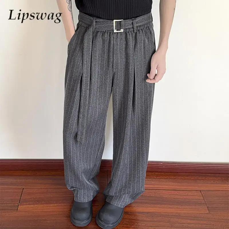 

Уличная одежда, мужские повседневные брюки, весна-осень 2026, модные свободные прямые брюки, мужские стильные полосатые текстурированные драпированные брюки на шнуровке