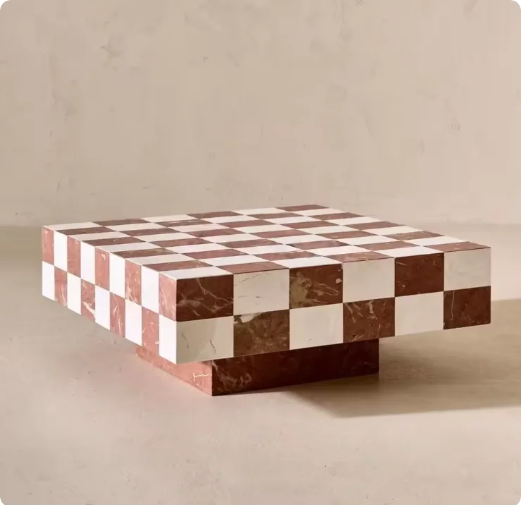 

Modern Marble Coffee Table Unique Style with Natural Red and White Square Checkerboard Square Plinths Pedestal Coffee Table