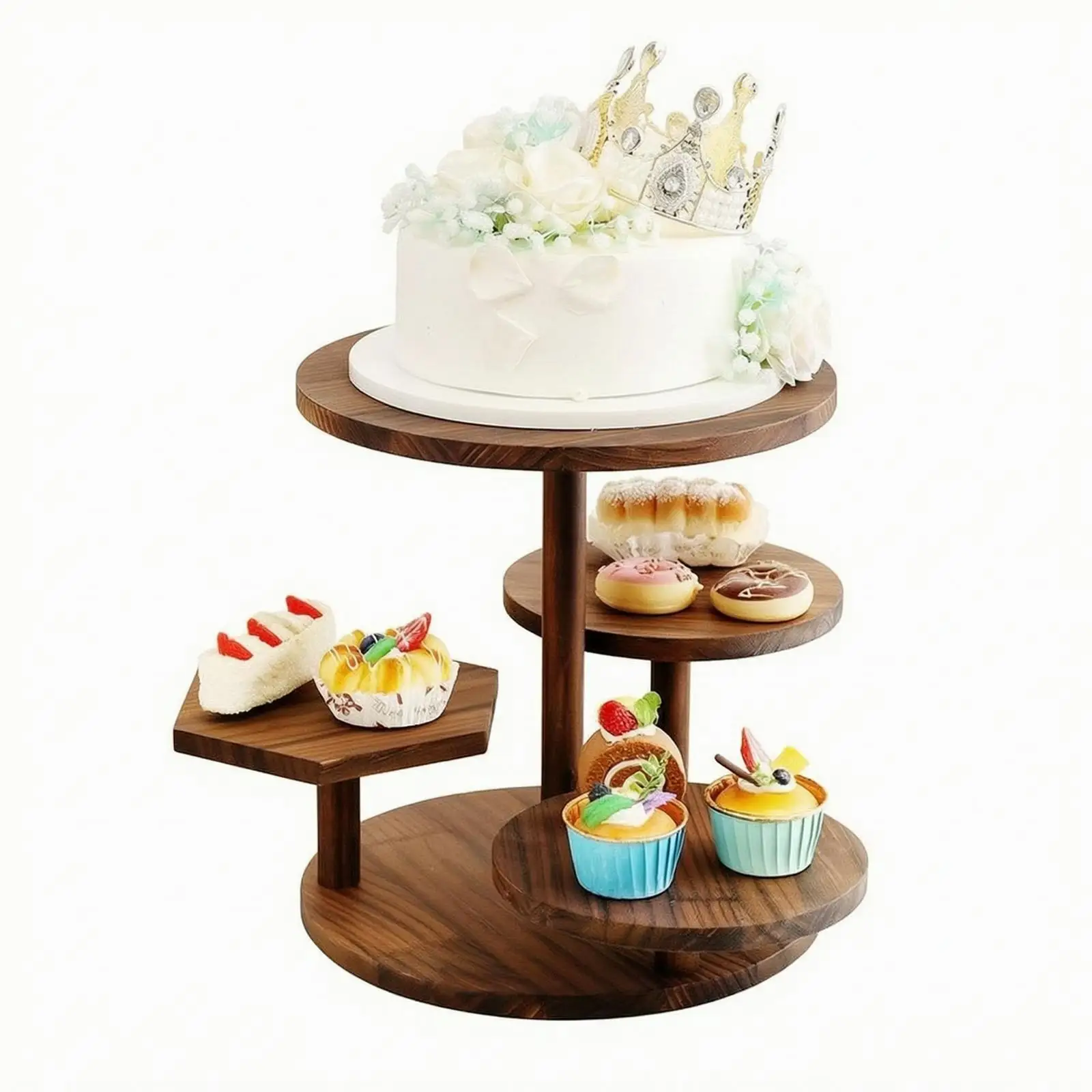 Rustic Wooden Cake Display Stand 3 Tier Round Hexagon Dessert Server for Tea Party Buffet Sweet Table Centerpiece