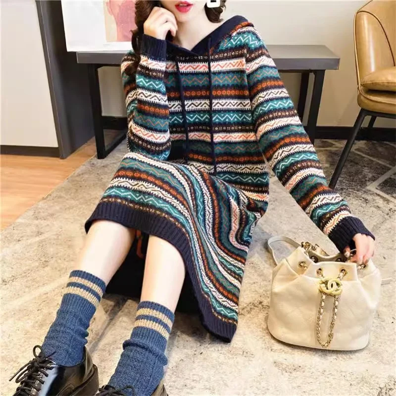 

Add/non Add Mid Length Retro Ethnic Stripe Over Knee Woolen Dress Women Loose Fitting Long Sleeved Hooded Pullover Knitted Coat