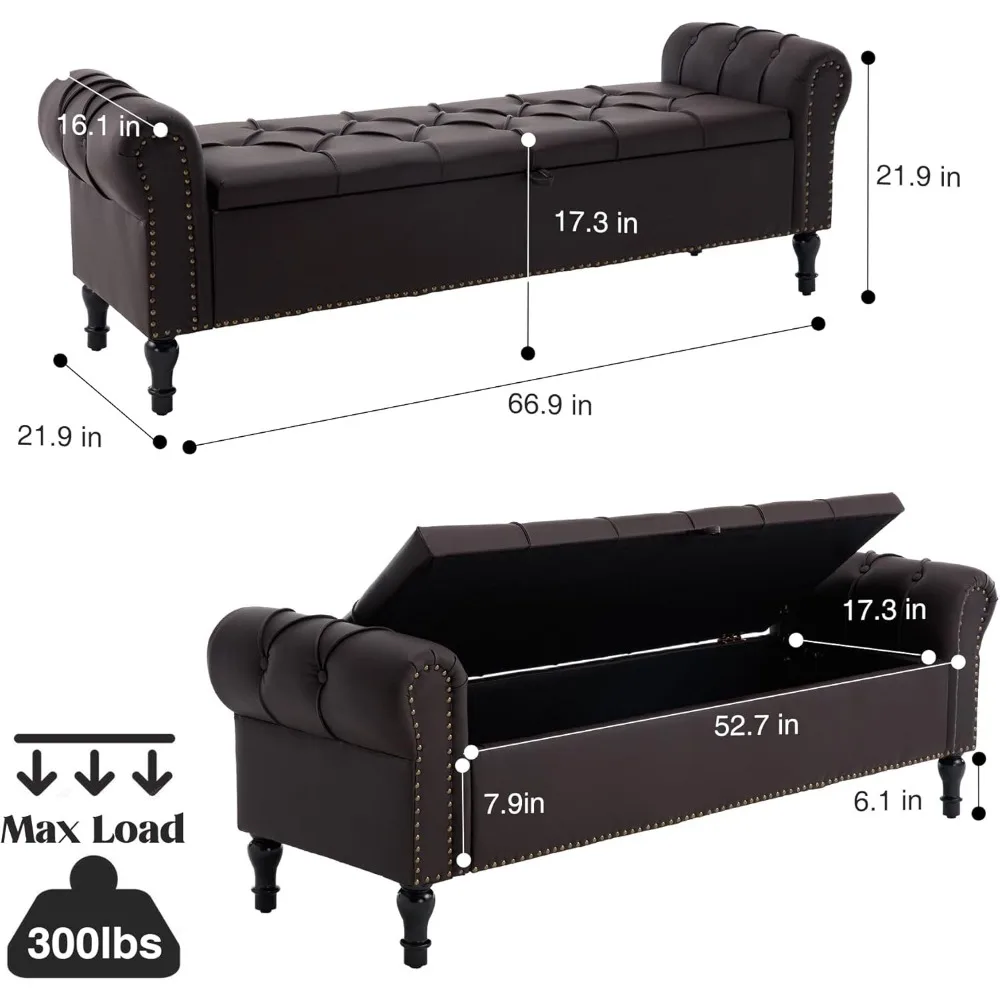 Leather Storage Bench Upholstered Tufted Ottoman Bench with Arms Large Storage Space End of Bed Bench for Bedroom Living Room