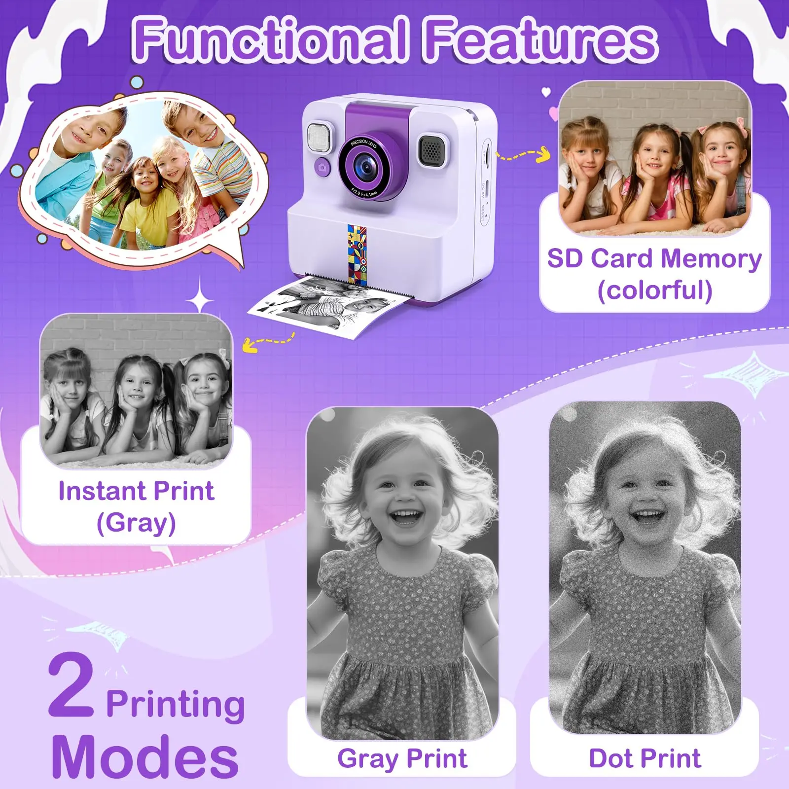 Kids' Camera with Dual Front and Rear Cameras 48MP 1080p HD Dual front and rear cameras, five educational games Christmas, Hallo